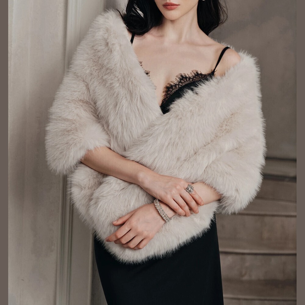 Cream Faux Fur Oversized Wrap Shawl Stole